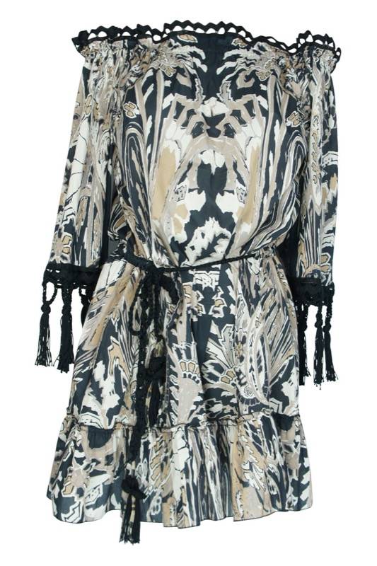 SALE Schulterfreies Minikleid mit Häkeldetails