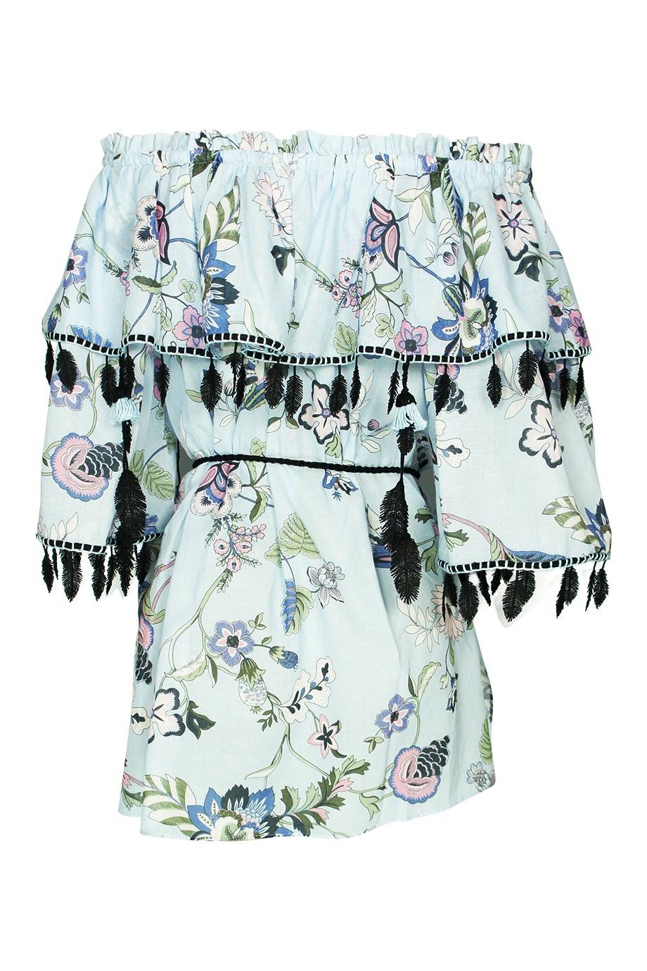 SALE Schulterfreie Bluse Aus Baumwolle Mit Blumendruck In Hellblau