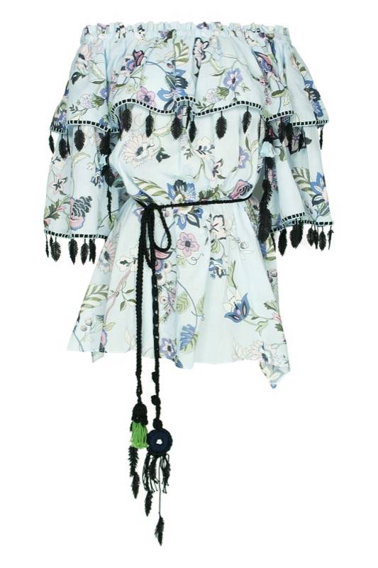 SALE Schulterfreie Bluse Aus Baumwolle Mit Blumendruck In Hellblau