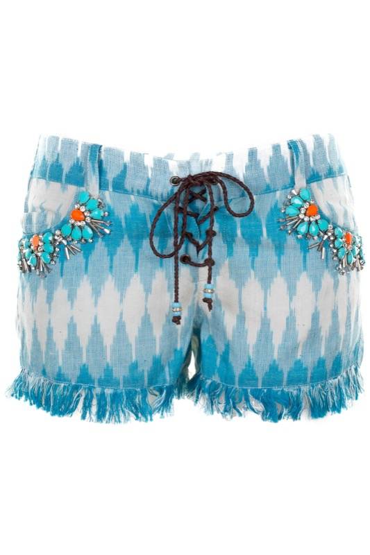SALE Shorts aus Baumwolle mit Blumen-Stickerei Orange auf blau-weiß-grauem Zackenprint mit Fransen