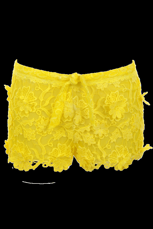 SALE Shorts aus Makramee-Spitze in Sonnengelb mit Tunnelzug und Innenfutter