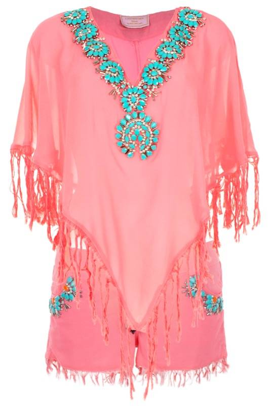 SALE Shorts Aus Seide Mit Blumen-Perlen-Stickerei In Türkis Auf Koralle Mit Fransen