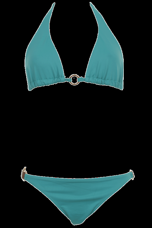 SALE Ungefütterter Triangle Bikini mit braunen Leder und vergoldeten Ringen in Türkis