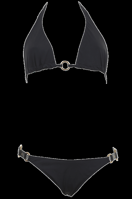 SALE Ungefütterter Triangle Bikini mit schwarzem Leder und vergoldeten Ringen