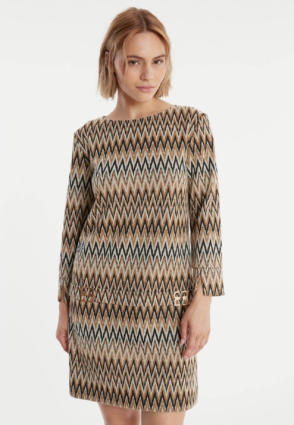 Ana Alcazar Schwarz-Gold-Beiges Tunikakleid Penalle