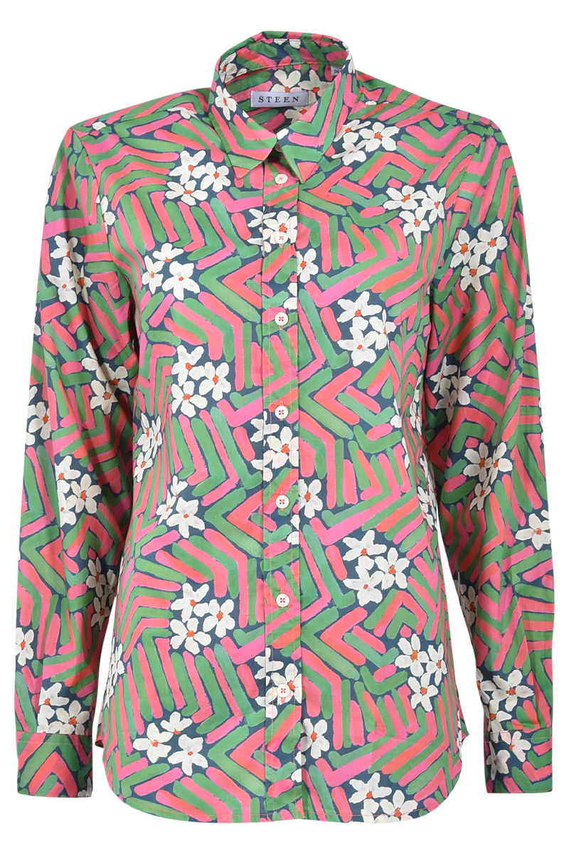 STEEN Bluse mit grafischem Blumenmuster von Liberty, Kellerfalte und abgerundetem Saum