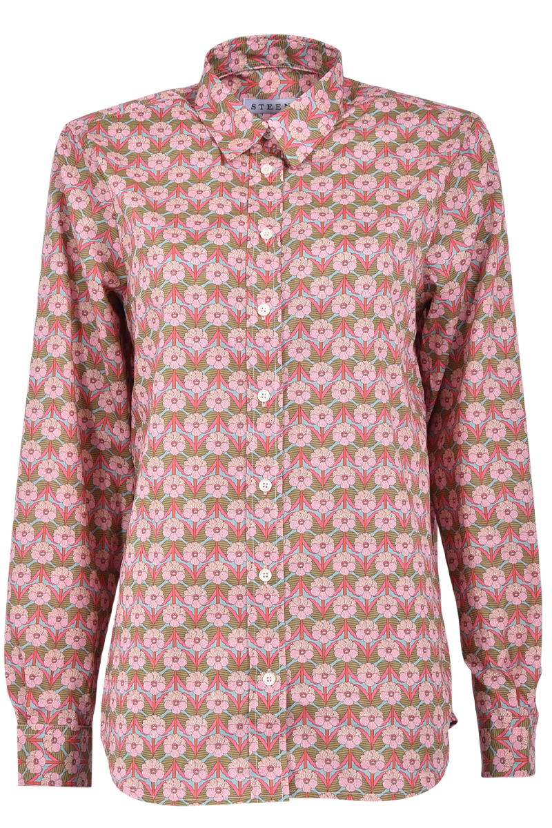 STEEN Hemdbluse mit Blumenmuster von Liberty, Kellerfalte und abgerundetem Saum