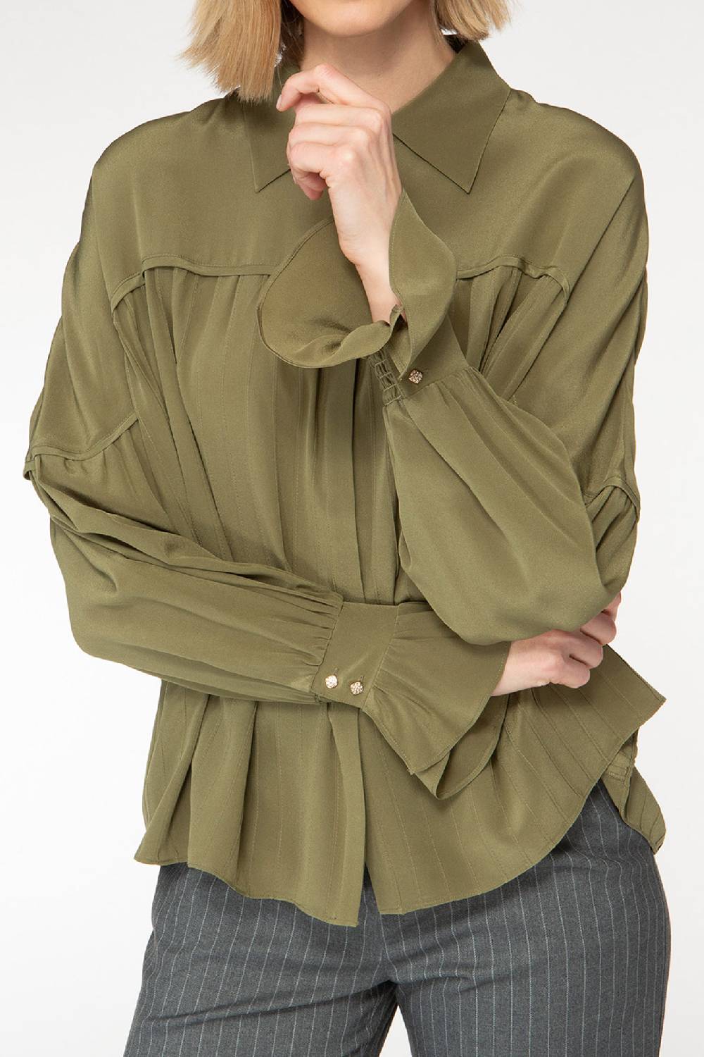 IVI GmbH FANCY Plissé Bluse Aus Seiden-Georgette Olive