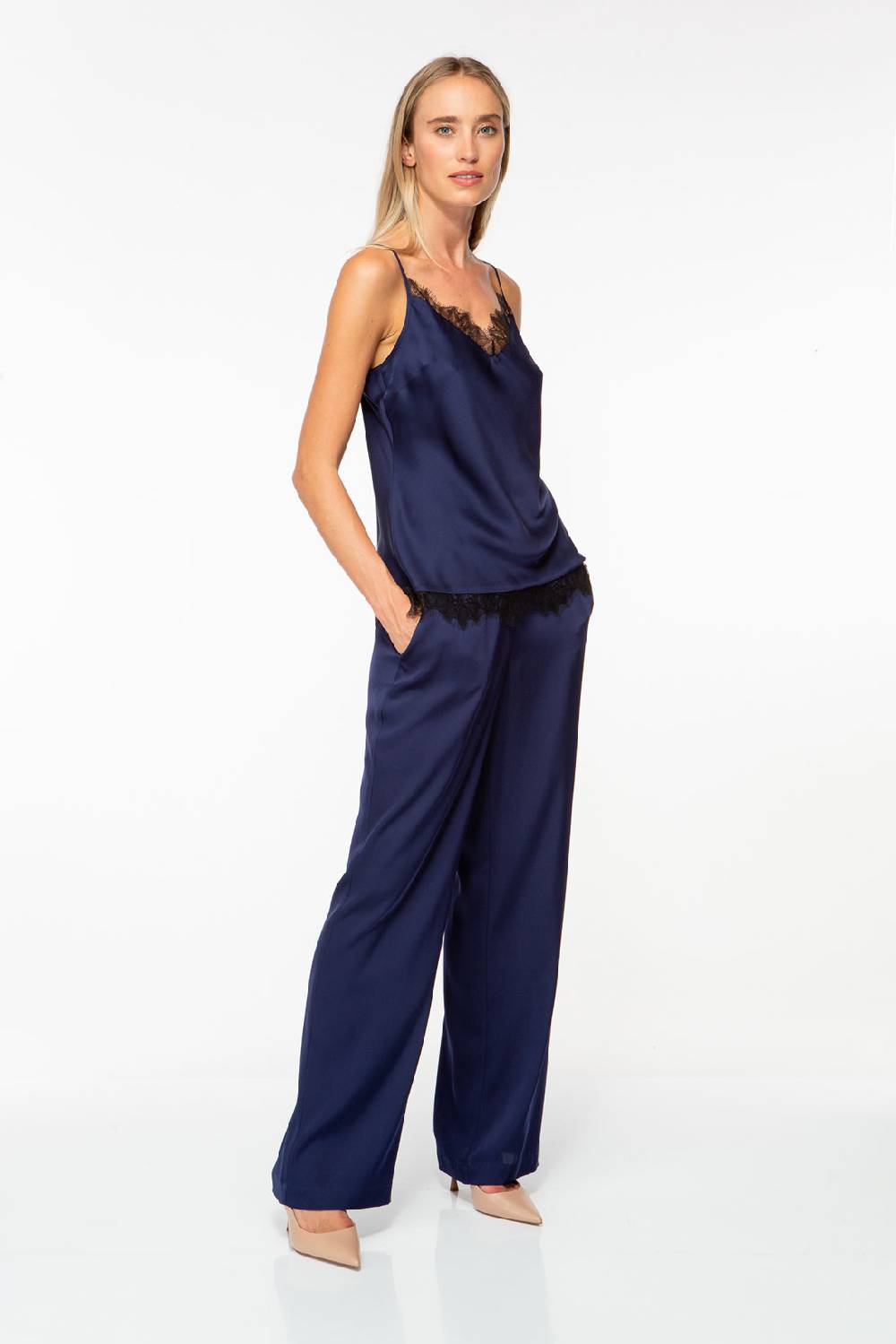 IVI GmbH SOLID SILK Top Mit Spitze Navy