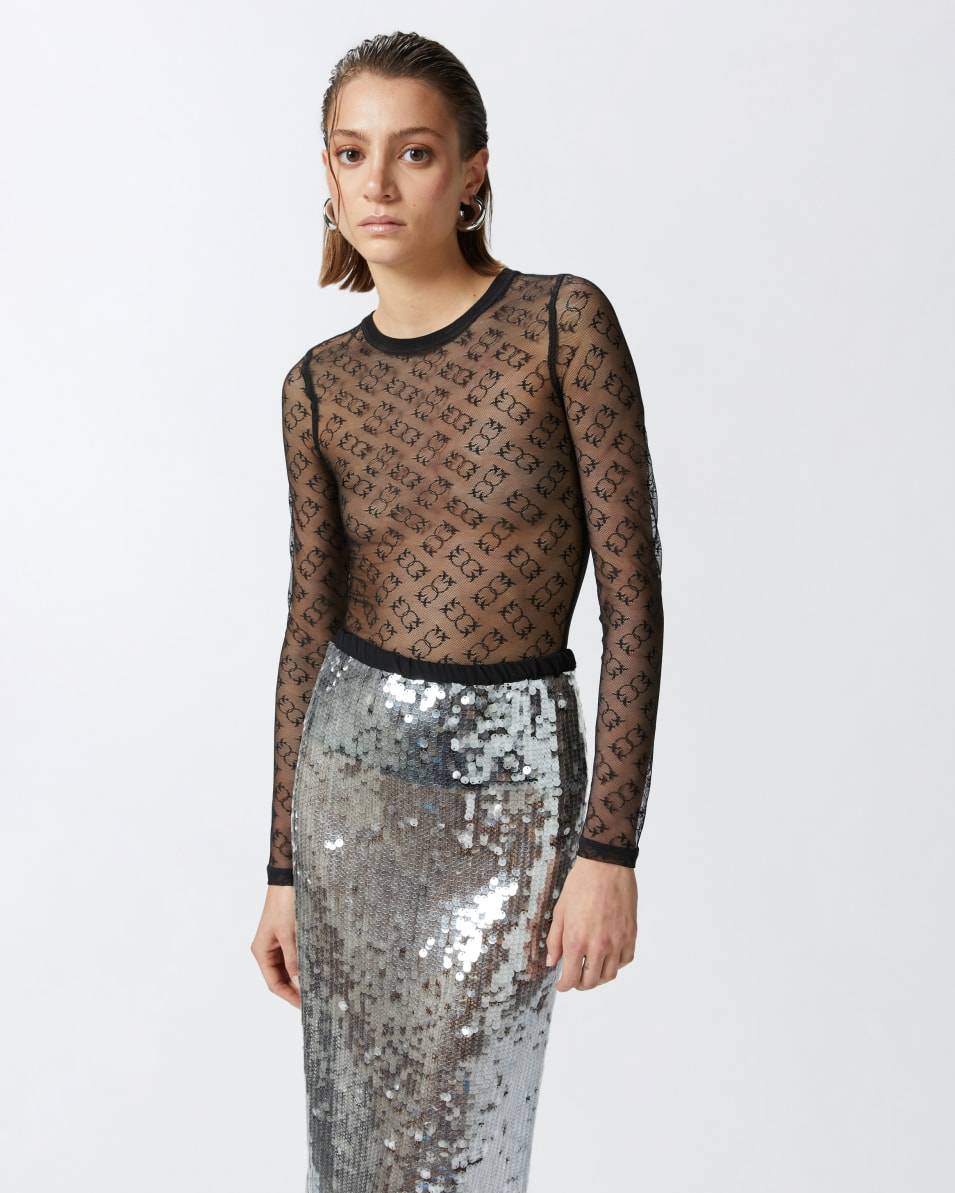 Pinko Langarm-Shirt Aus Transparenter Spitze Monogram