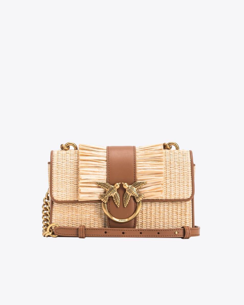 Pinko Mini Love Bag Light aus Bast und Leder mit Fransen