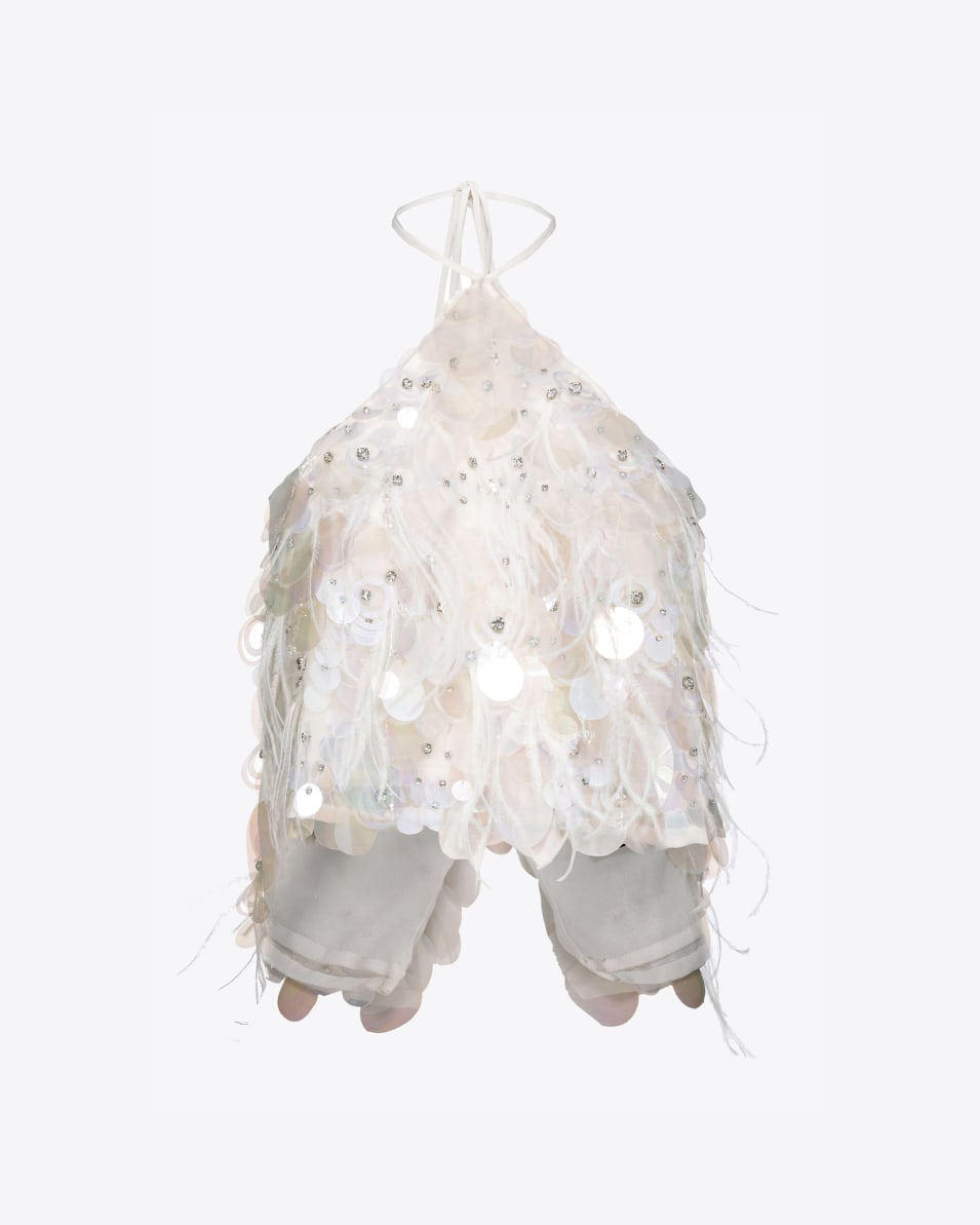 Pinko Neckholder-Oberteil mit Maxi-Pailletten, Strass und Federn