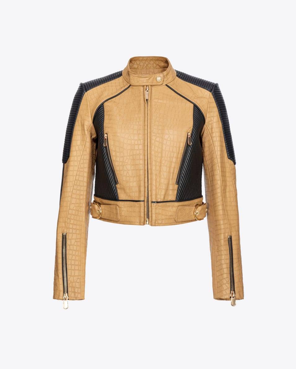 Pinko Bikerjacke aus Leder mit Kroko-Print