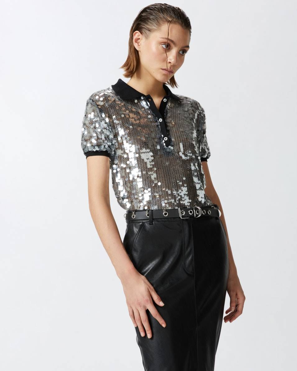 Pinko Halbtransparentes Pailletten-Poloshirt