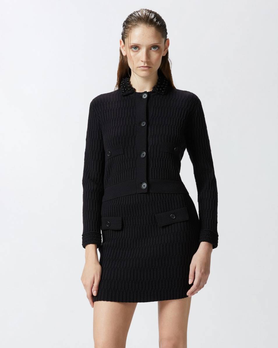 Pinko Kurze Strickjacke Mit Häkelkragen Mit Perlen