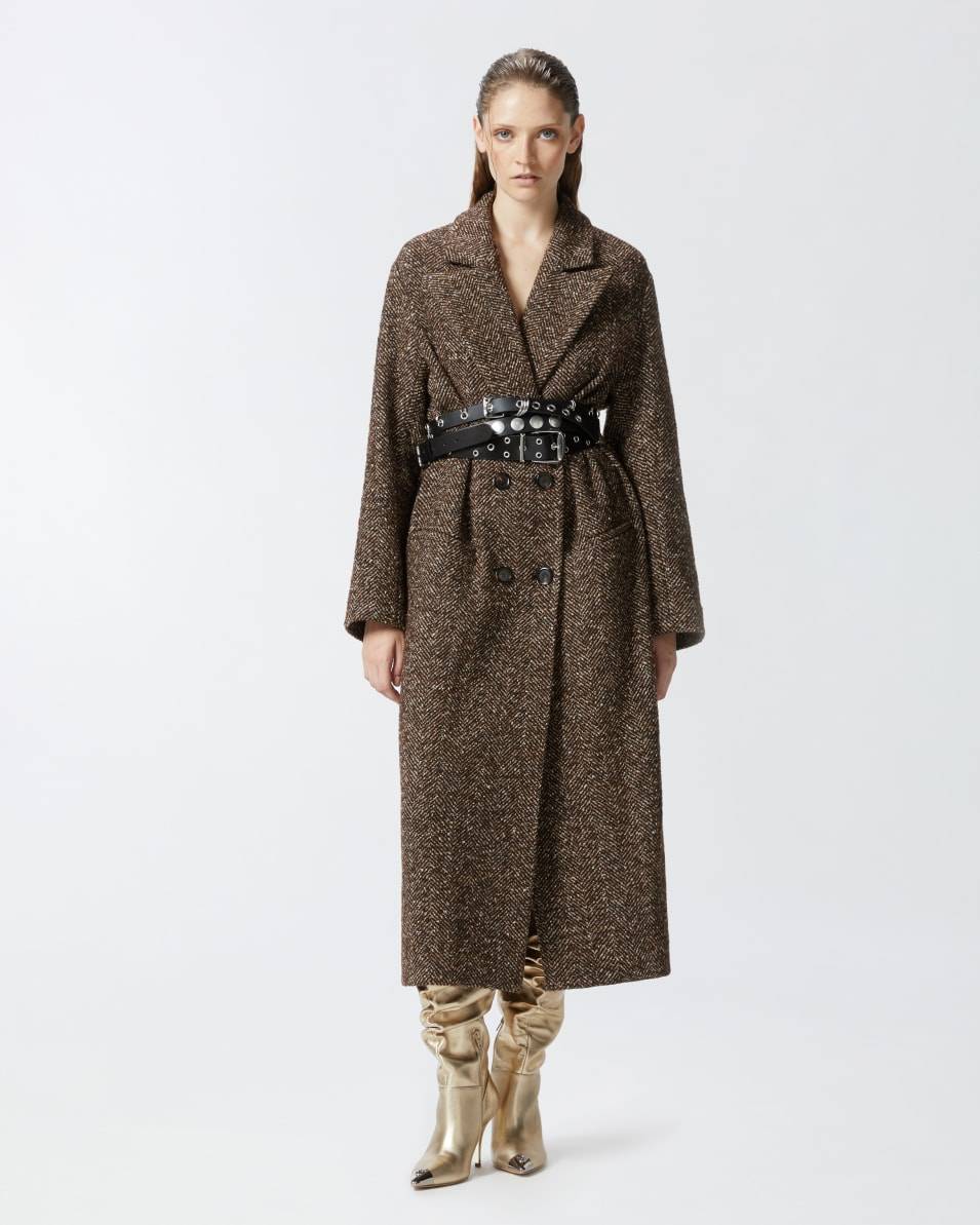 Pinko Langer Mantel Mit Fischgrätmuster Und Gürtel
