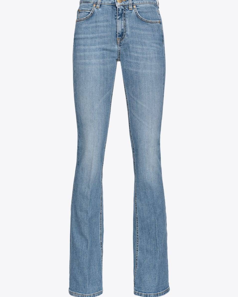 Pinko Schlagjeans aus blauem Stretch-Denim mit Love Birds-Stickerei