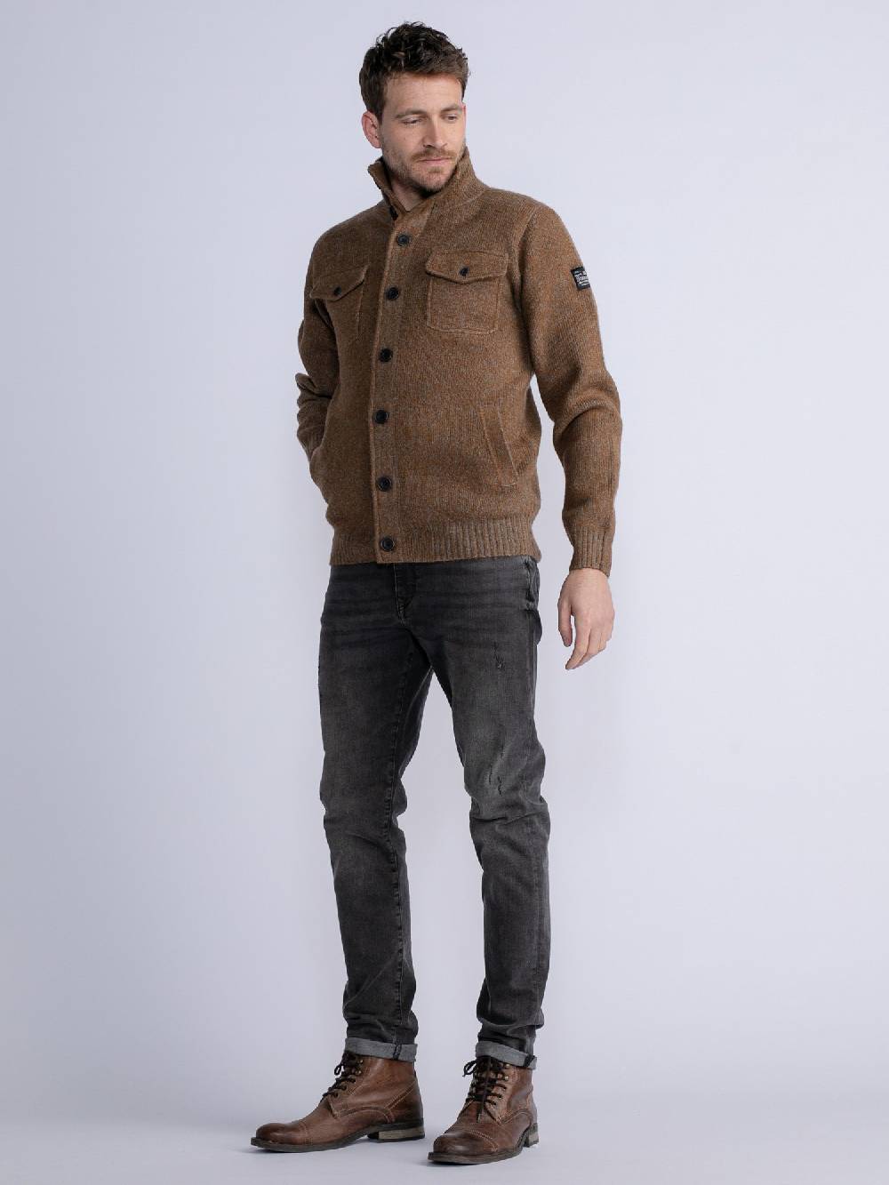 Petrol M-3030-Kwc218 - Men Knitwear Collar Cardigan (7060 Grey Truffle)