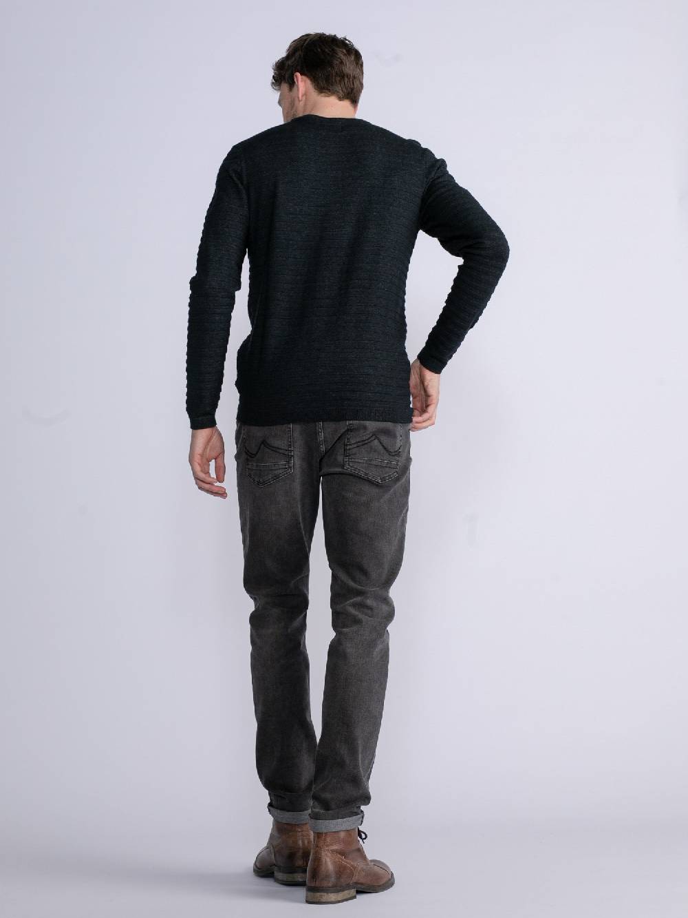 Petrol M-3030-Kwr269 - Men Knitwear Round Neck Basic (9091 Dark Black)