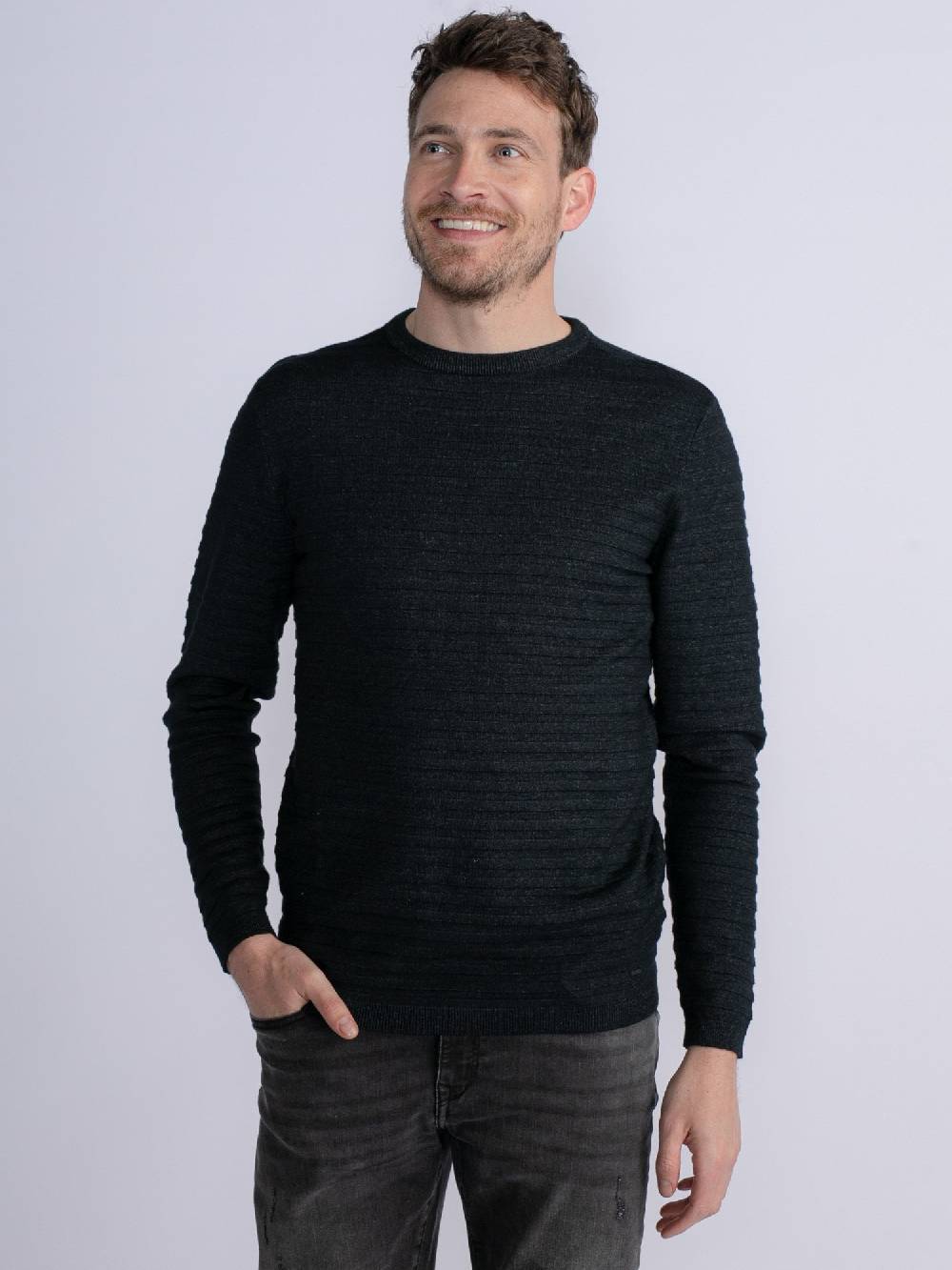 Petrol M-3030-Kwr269 - Men Knitwear Round Neck Basic (9091 Dark Black)