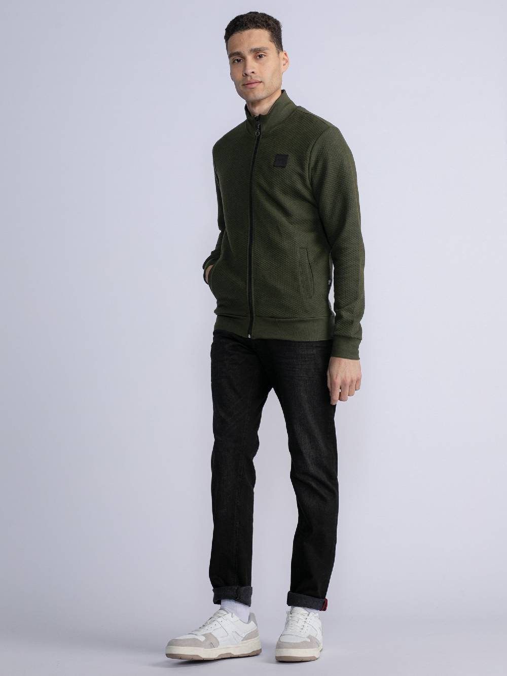 Petrol M-3030-Swc343 - Men Sweater Collar Zip (6092 Hunter Green)