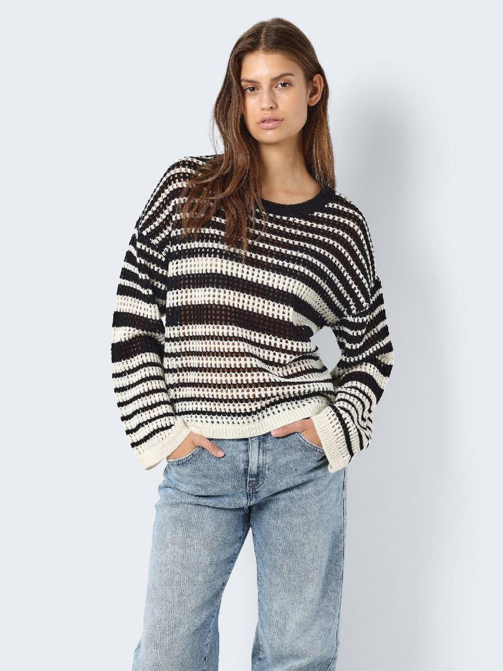 NOISY MAY NMJOLA L/S O-NECK KNT DD EGGNOG/BLACK