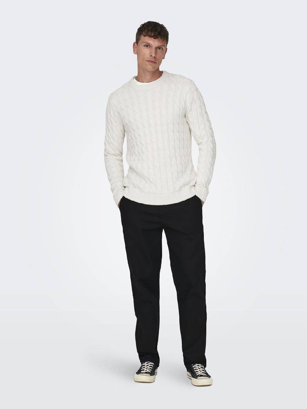 Only & Sons ONSKICKER LIFE REG 3 CABLE CREW KNIT (Antique White)