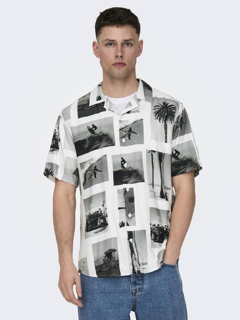 Only & Sons ONSNANO REG COTTON VISCOSE SS AOP SHIRT (Bright White)