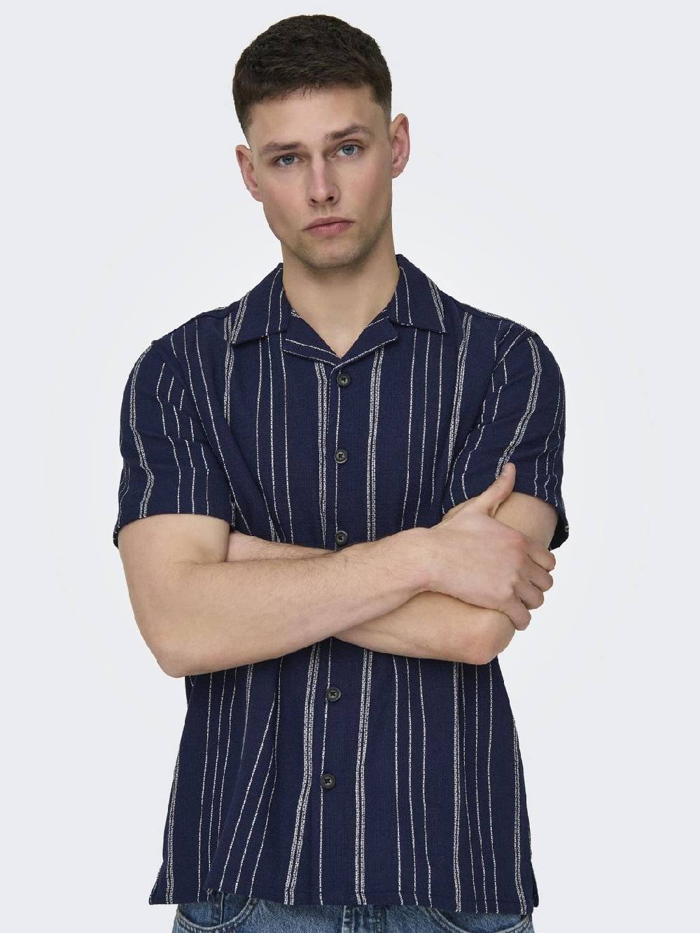 Only & Sons ONSTREV LIFE REG SS STRUC STRIPE SHIRT DARK NAVY