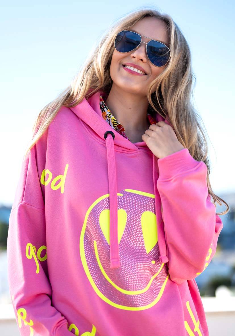 Miss Goodlife Hoodie Goodlife Heartface Strass – Rose/neonyellow