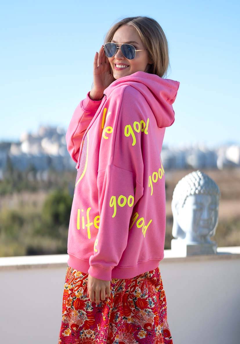 Miss Goodlife Hoodie Goodlife Heartface Strass – Rose/neonyellow