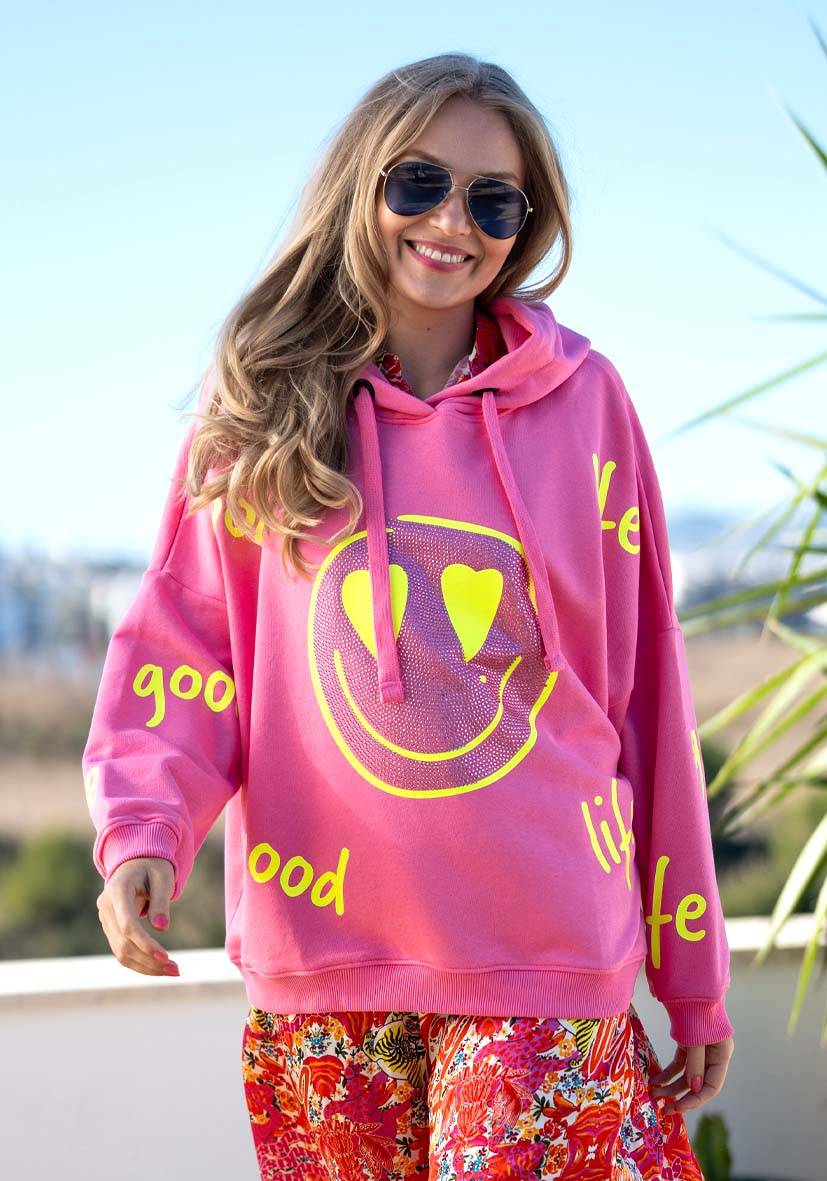 Miss Goodlife Hoodie Goodlife Heartface Strass – rose/neonyellow