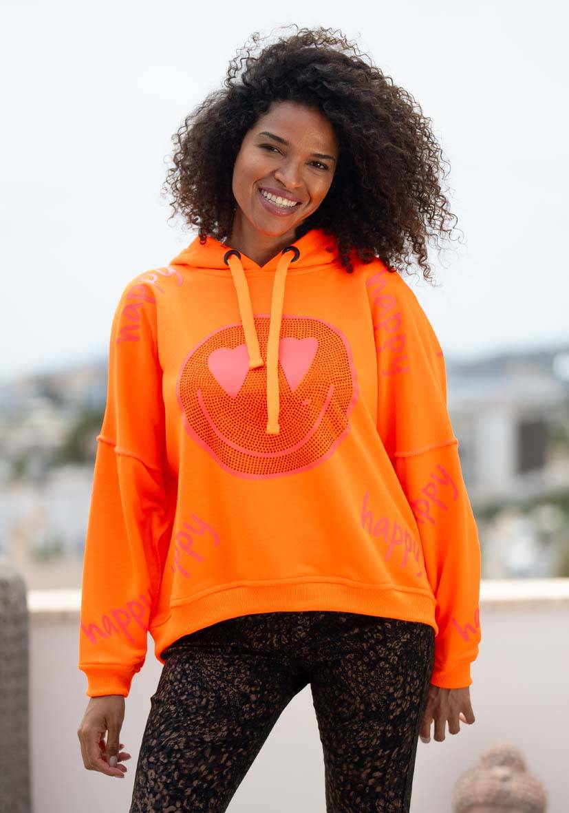 Miss Goodlife Hoodie Happy Heartface Strass – neonorange