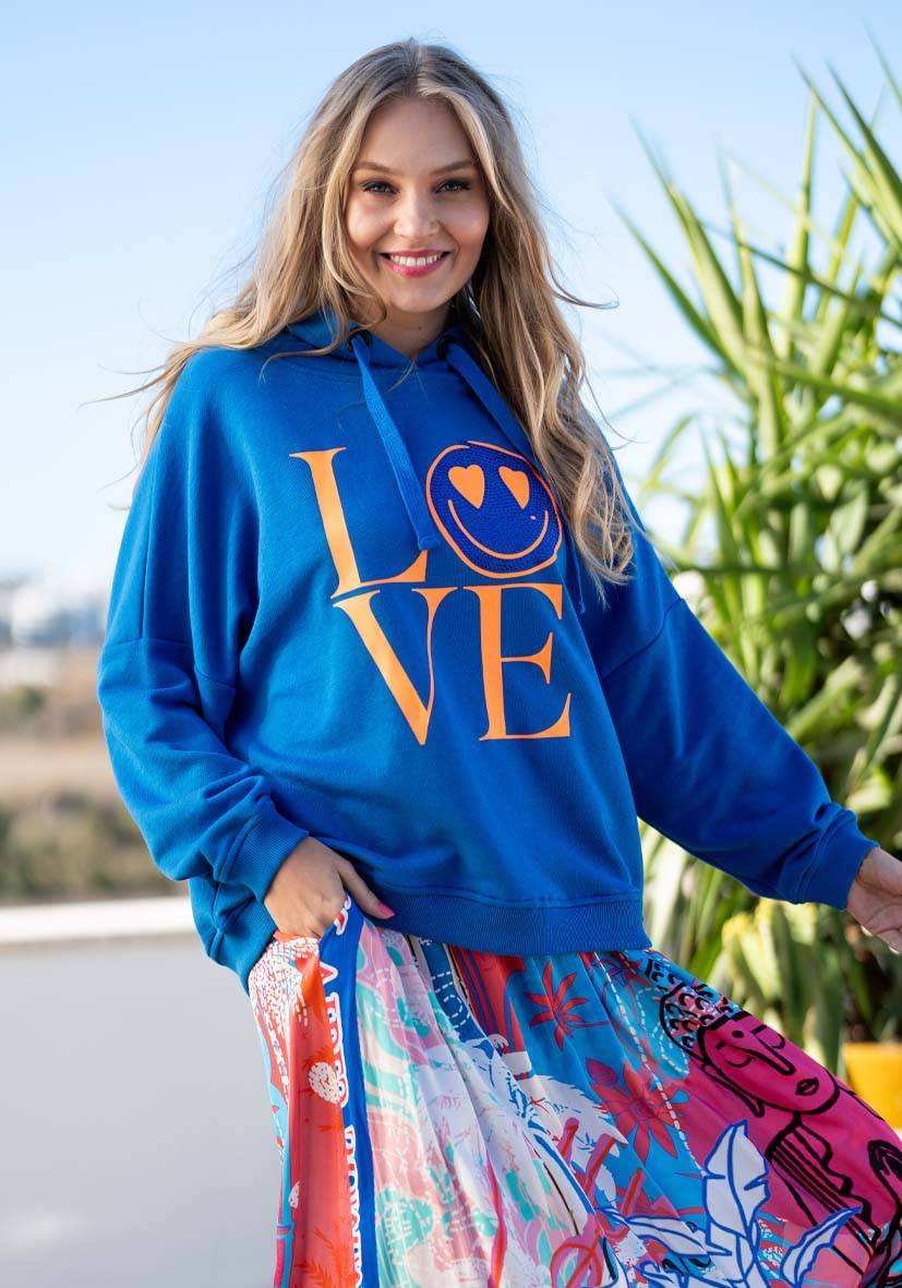 Miss Goodlife Hoodie Love Heartface – blue/neonorange
