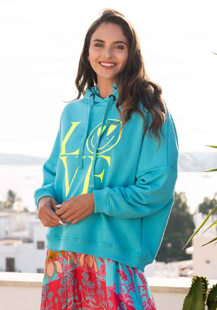 Miss Goodlife Hoodie Love Heartface – Turquoise/neonyellow