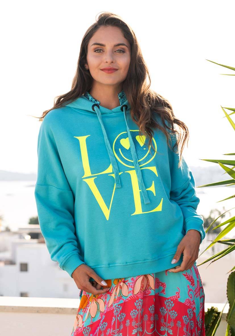 Miss Goodlife Hoodie Love Heartface – turquoise/neonyellow