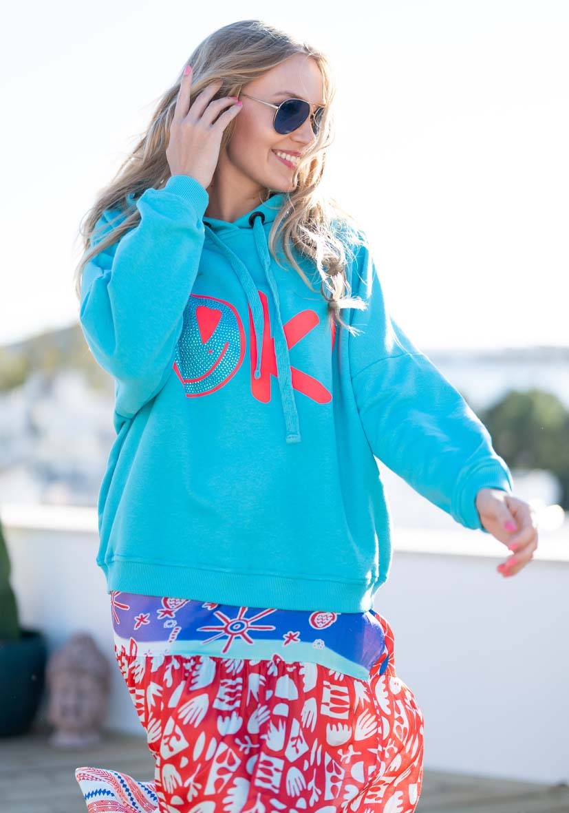Miss Goodlife Hoodie OK! Heartface – Turquoise/neonpink