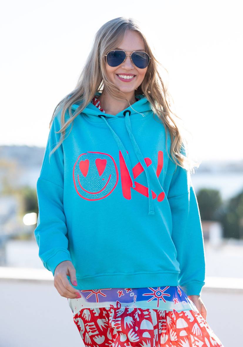 Miss Goodlife Hoodie OK! Heartface – turquoise/neonpink