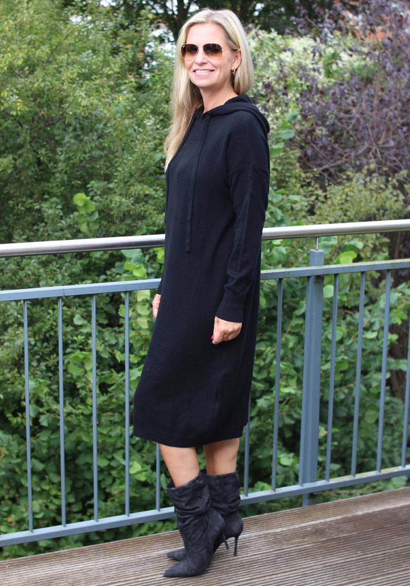 Miss Goodlife Dress Knitted Hoodie Long – Black