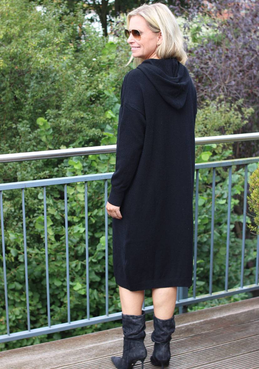 Miss Goodlife Dress Knitted Hoodie Long – Black