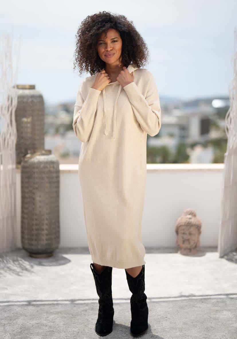 Miss Goodlife Dress Knitted Hoodie Long – Creme