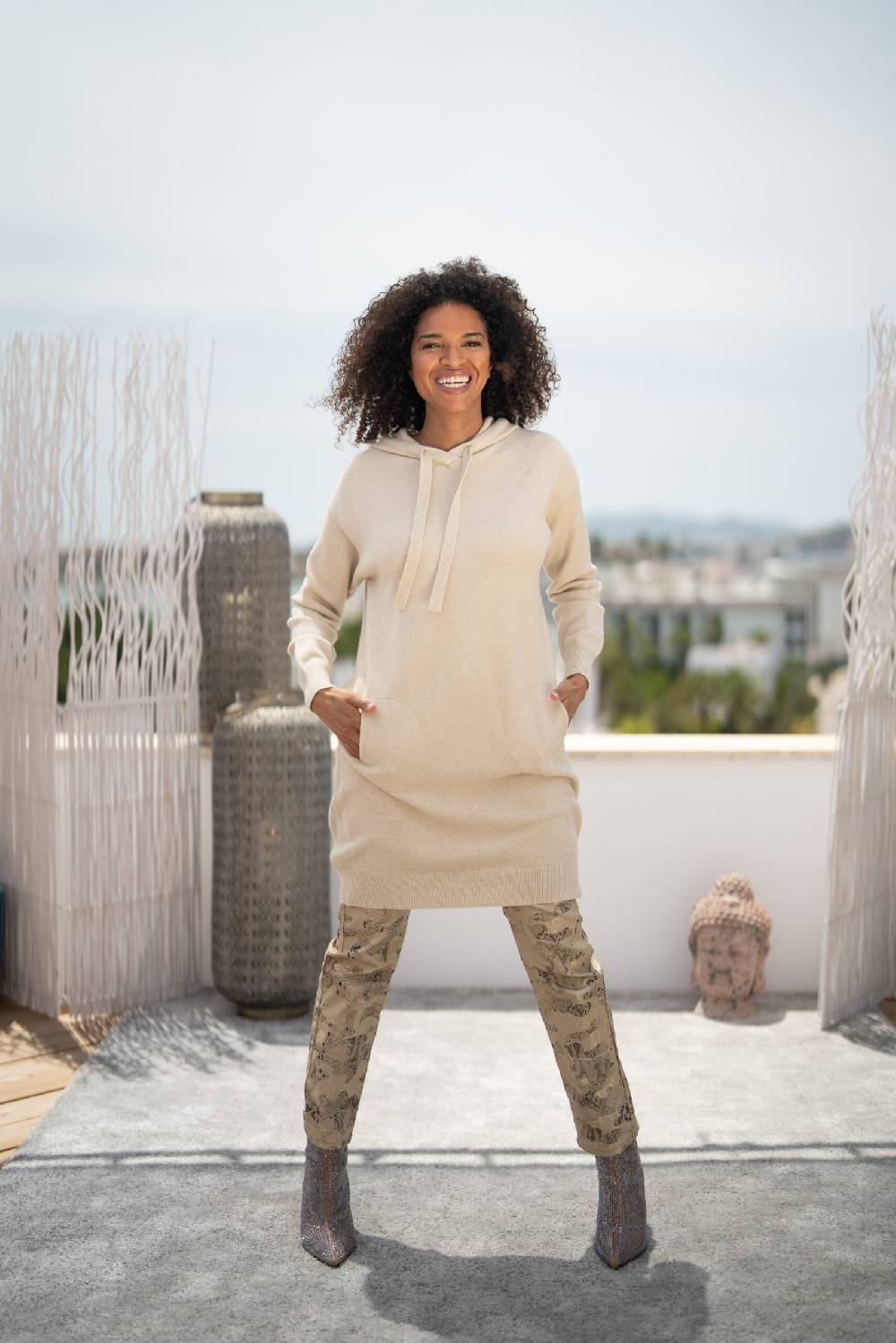 Miss Goodlife Dress Knitted Hoodie Pockets – Creme