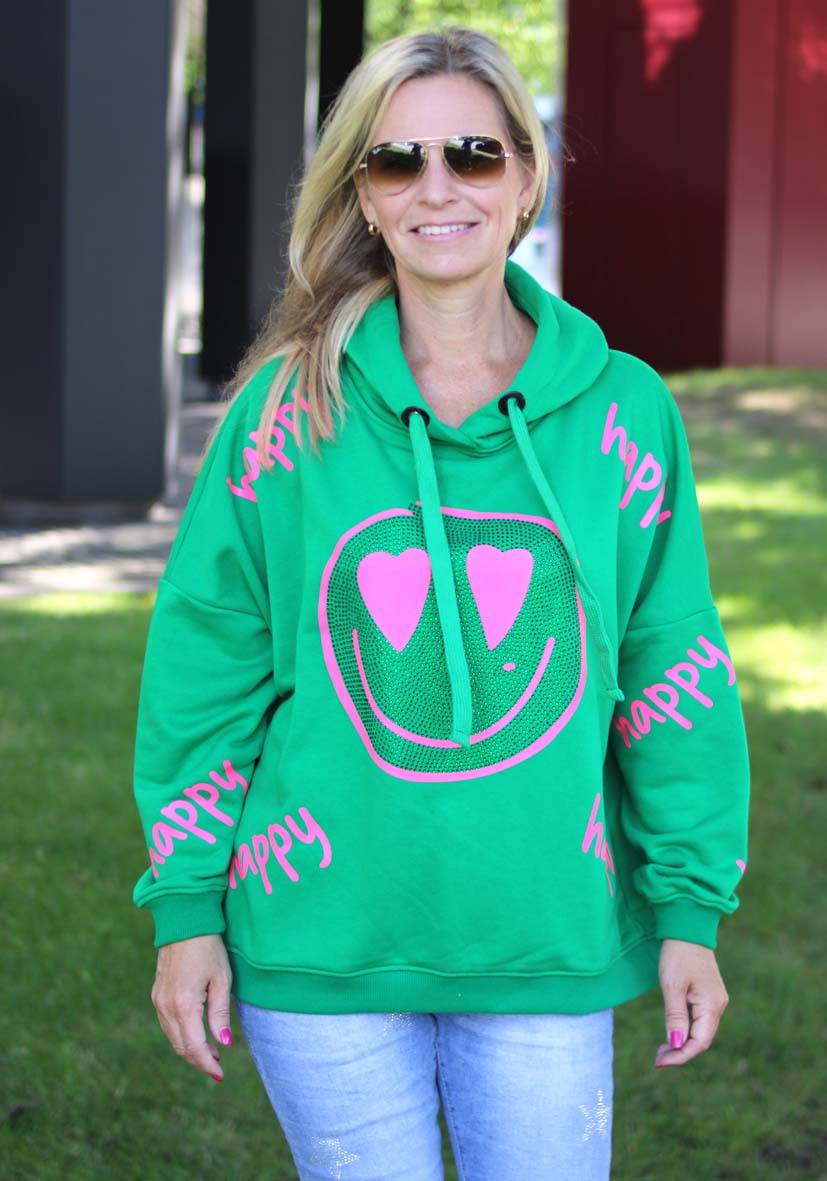 Miss Goodlife Hoodie Happy Heartface Strass – green