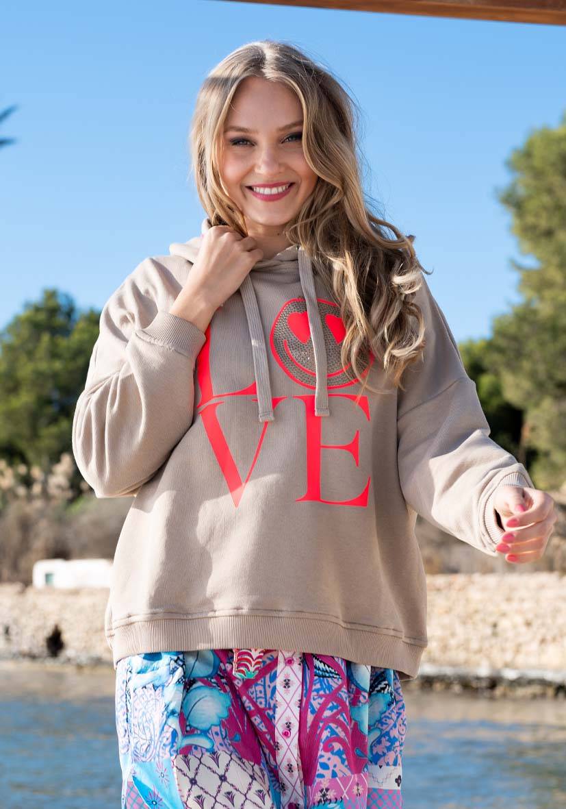 Miss Goodlife Hoodie Love Heartface – sand/neonpink