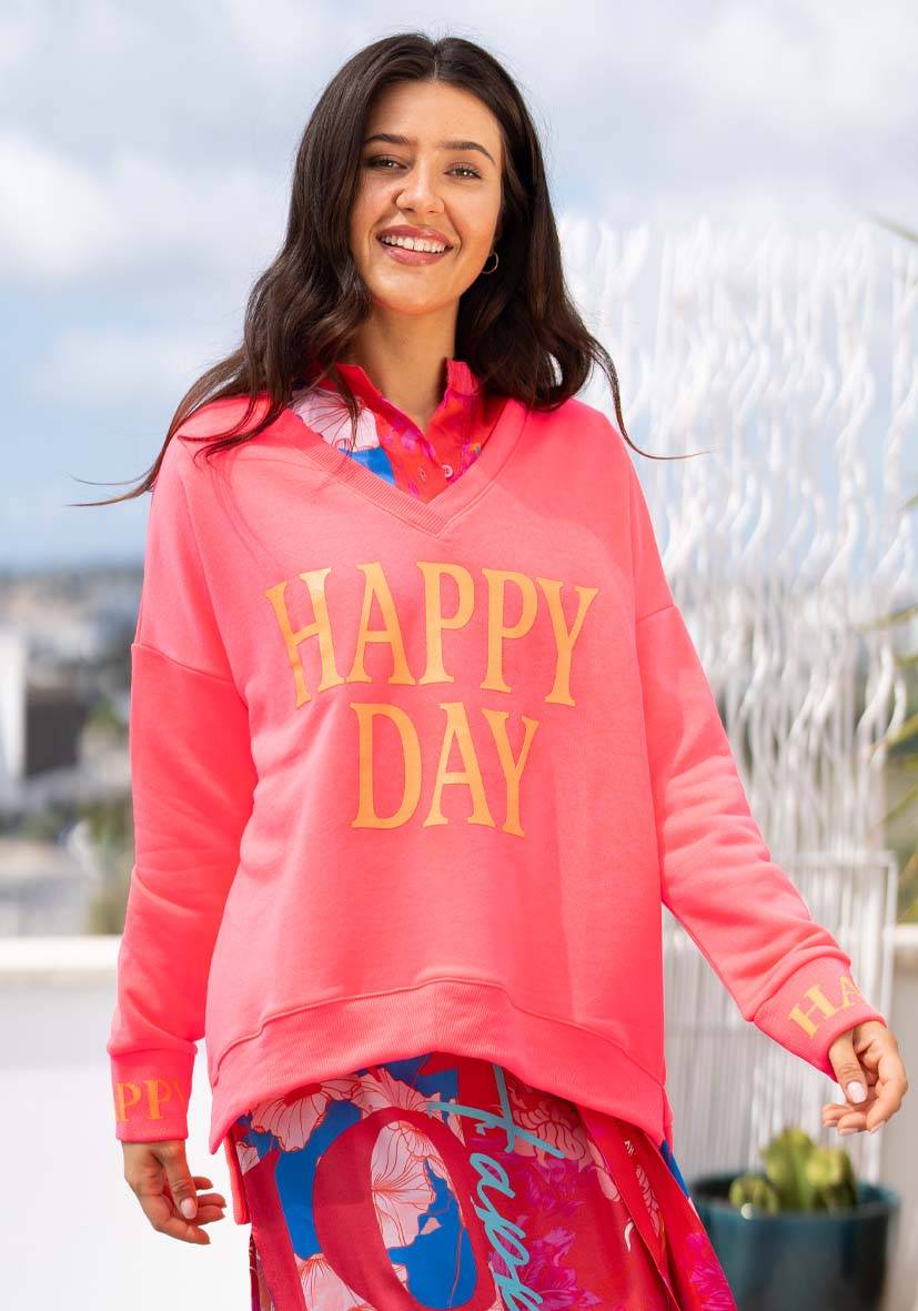 Miss Goodlife V-Neck Happy Day – neonpink