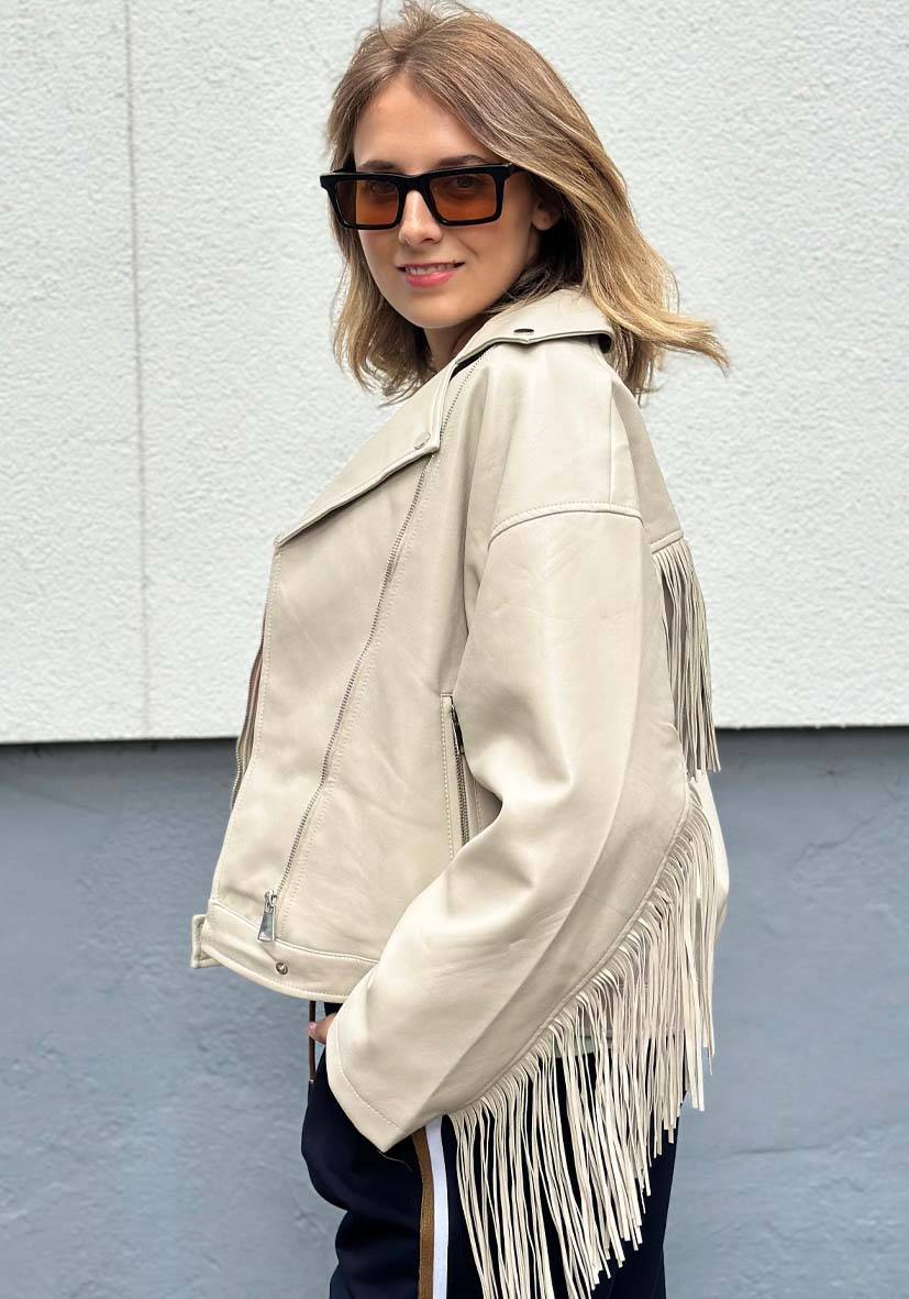 Miss Goodlife Vegane Lederjacke Mit Fransen – Beige