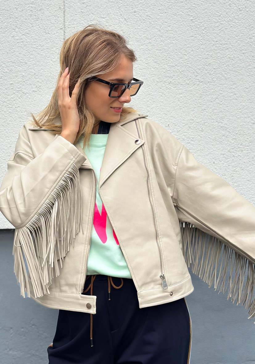 Miss Goodlife Vegane Lederjacke Mit Fransen – Beige