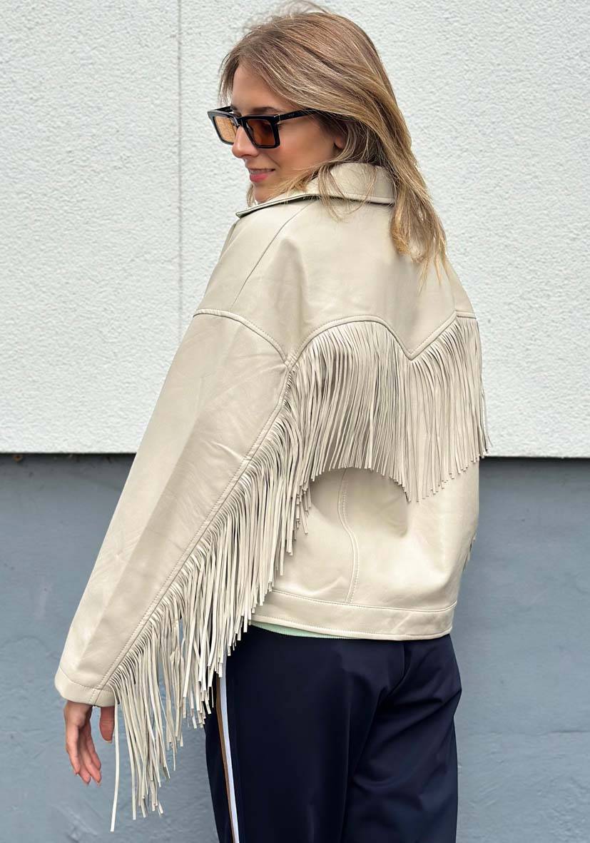 Miss Goodlife Vegane Lederjacke Mit Fransen – Beige