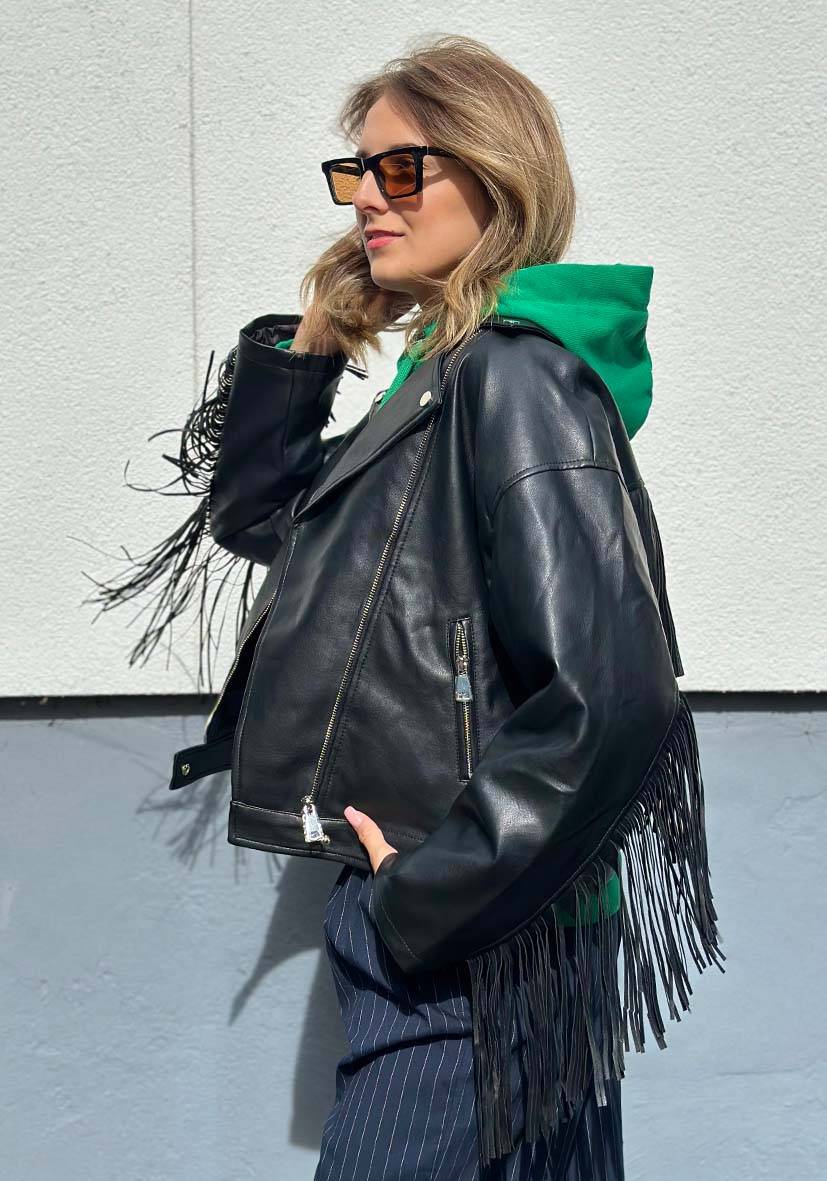 Miss Goodlife Vegane Lederjacke Mit Fransen – Black