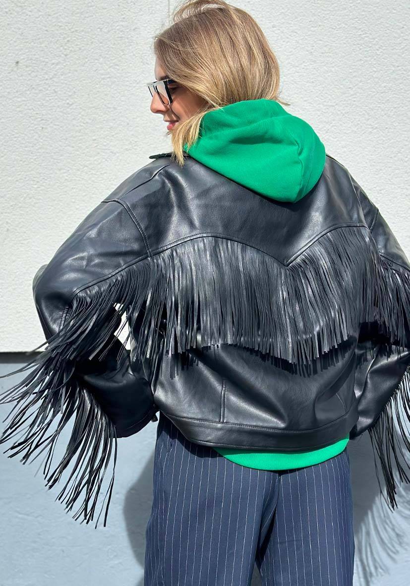 Miss Goodlife Vegane Lederjacke Mit Fransen – Black